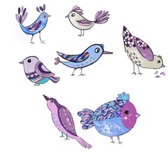 A set of colored birds, an illustration in the style of a doodle. Scandinavian style. Traditional decor.
