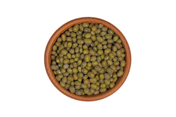 Close up green mung beans in wooden bowl
