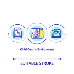 Child-centric environment concept icon. Children taking center stage idea thin line illustration. Encouraging students to explore. Vector isolated outline RGB color drawing. Editable stroke