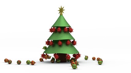 3d rendering of New Year's and Christmas trees. Christmas toys lie on the floor and coronavirus toys decorate the Christmas tree. The idea of spoiled New Year's holidays, quarantine and lockdown.