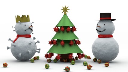 3d rendering of a christmas tree with coronavirus toys. There are snowmen on both sides. One snowman in the form of a coronavirus with a golden crown. spoiled new year's holidays.