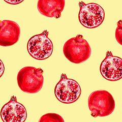 Seamless fruit pattern. Grenades painted with gouache.
