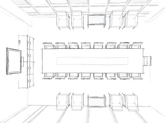 3d illustration of plan perspective of a big meeting room in an office. Grey colored drawing in hand sketch style. 