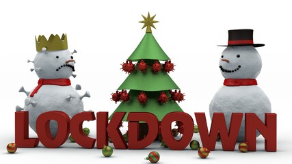 3d rendering of a Christmas tree with coronavirus toys. next to it is a snowman in the form of a coronavirus with a golden crown and a simple snowman. The red text LOCKDOWN symbolizes spoiled holidays