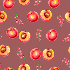 Seamless fruit pattern. Peaches and knotweed berries drawn by gouache.