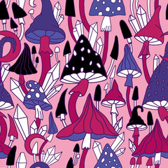Vector print with mushrooms in cartoon style. Hallucinogenic fly agarics in pink colors for background, endless pattern for printing on fabric, clothes,trendy print with mushrooms and crystals