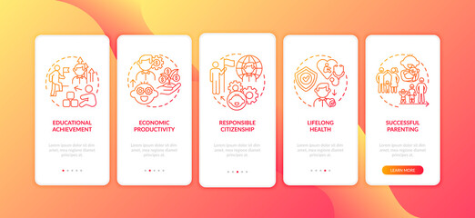 Childhood development red onboarding mobile app page screen with concepts. Personal responsibility growing up walkthrough 5 steps graphic instructions. UI vector template with RGB color illustrations