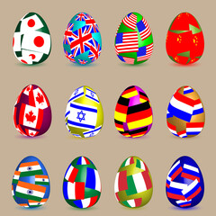 Twelve easter eggs of different colors with flags of different countries.
