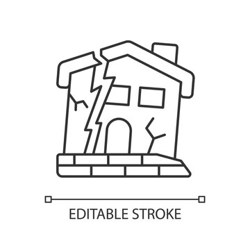 Dilapidated house linear icon. Abandoned buildings. Dangers in old houses. Derelict buildings. Thin line customizable illustration. Contour symbol. Vector isolated outline drawing. Editable stroke