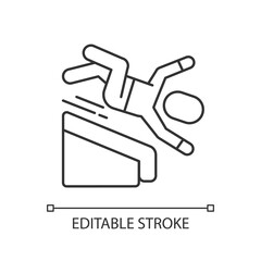 Falling from height linear icon. Fall risks. Slippery wet surfaces. Basement stairway. Thin line customizable illustration. Contour symbol. Vector isolated outline drawing. Editable stroke