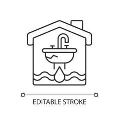 Obraz premium Water damage linear icon. Flooding and water leak. Structural, foundational damages. Thin line customizable illustration. Contour symbol. Vector isolated outline drawing. Editable stroke
