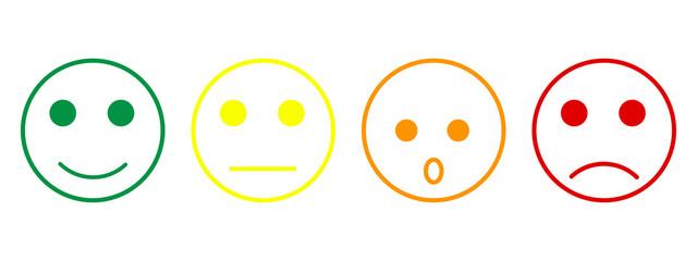 Vector illustration of facial expressions - smiley icon set. Emoticons positive shocked neutral and negative (red. yellow. orange. green.