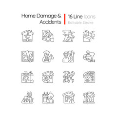 Home damage linear icons set. Preventing house hazards. Flooding, water leak. Electric shock. Fall risks. Customizable thin line contour symbols. Isolated vector outline illustrations. Editable stroke