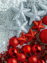 Festive Decoration. Christmas decoration. Snow globes and golden stars Christmas composition.