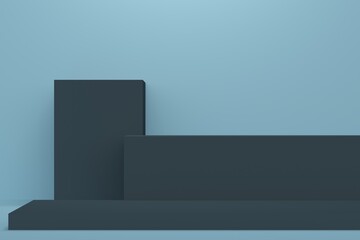 Abstract blue background with dark rectangle podium. 3d rendering