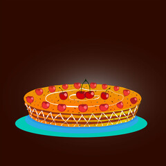 Layered cake decorated with cherries on a dark background.