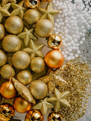 Festive Decoration. Christmas decoration. Snow globes and golden stars Christmas composition.