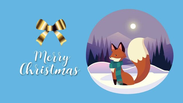 cute little fox with christmas scarf and lettering
