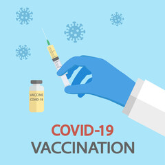 Vaccination against coronavirus. medical syringe with vaccine, needle and vial in doctor hand.