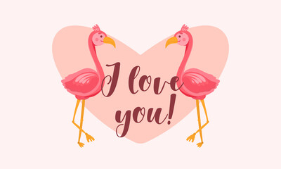 Lovely pink couple flamingos vector flat seamless pattern in pink colors. Lettering I love you. Ideal for weekends, posters, backgrounds, banners. Valentine s day card 14 february
