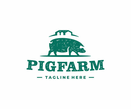 Pig farming logo design. Hog farm with barn and silo vector design. Rustic vintage old livestock animals logotype
