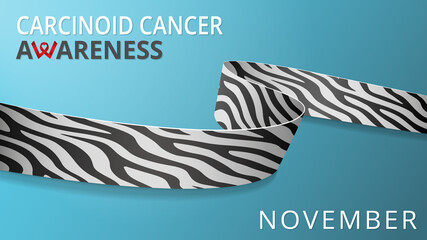 Realistic zebra print ribbon. Awareness carcinoid cancer month poster. Vector illustration. World rare diseases day solidarity concept.