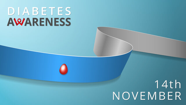 Realistic gray and blue ribbon with blood drop. Awareness diabetes month poster. Vector illustration. World diabetes type 1 day solidarity concept. 14th of november.