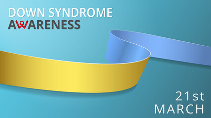 Realistic blue and yellow ribbon. Awareness down syndrome month poster. Vector illustration. World down syndrome day solidarity concept. 21st of march. Blue background.