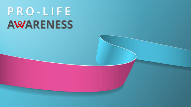 Realistic pink and blue ribbon. Awareness pro-life month poster. Vector illustration. World pro-life day solidarity concept. Blue background. Symbol of genital enlargement, infertility.