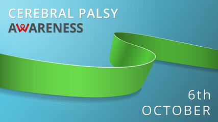 Realistic lime green ribbon. Awareness infantile cerebral palsy month poster. Vector illustration. World cerebral paralysis day solidarity concept. Symbol of Lime disease, mitochondrial diseases.