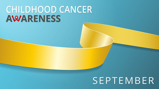 Realistic gold ribbon. Awareness childhood cancer month poster. Vector illustration. World pediatric cancer day solidarity concept. Teal background. - Powered by Adobe