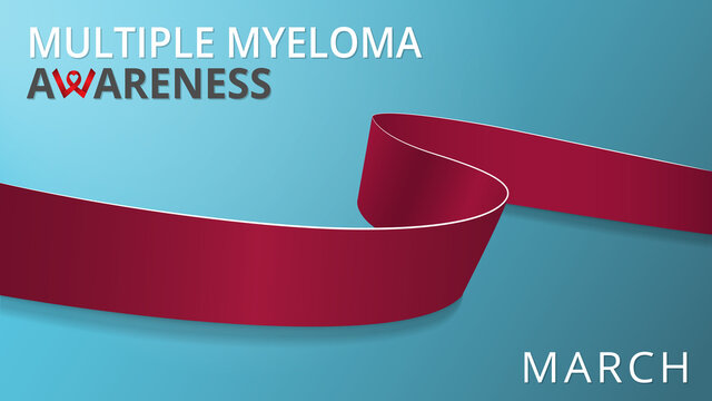 Realistic dark red ribbon. Awareness multiple myeloma month poster. Vector illustration. World multiple myeloma day solidarity concept. Teal background. Symbol of invaild people, amyloidosis.