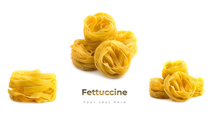 Uncooked fettuccine nest pasta on white background. Long header banner format. Panorama website header banner. High quality photo