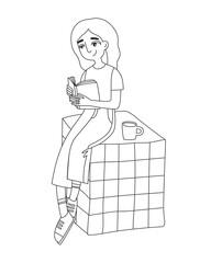 Hand-drawn vector illustration of girl reading a book. Illustration in cartoon style. Outline. For coloring book, greeting card and another print design.