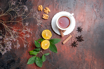 top view cup of tea with lemon on dark background fruit photo dark