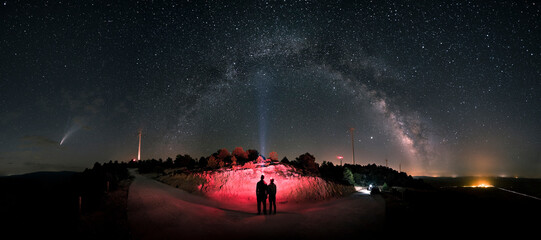 Comet Nowise. A loving couple observes the Milky Way and Comet Neowise as it orbits the solar system. Night landscape, a panoramic view of the Milky Way and Comet Nowise in July 2020.  © Hector