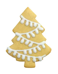 Deurstickers Kerstkoekjes in de vorm van een kerstboom. Zelfgemaakte Koekjes die op witte achtergrond worden geïsoleerd © Albert Ziganshin