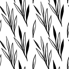 Seamless, endless pattern with hand-drawn scribbles of branches and leaves on a white background. Perfect for wrapping paper or room's decor, vector illustration