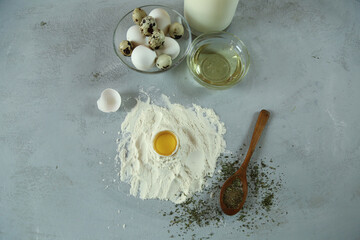 ingredients for homemade pasta. Food background: macaroni, spagetti, egg, flour
