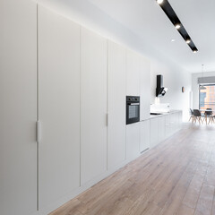 Long apartment corridor with kitchen