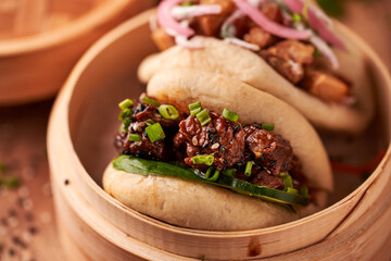 Gua bao, steamed buns with pork belly and vegetable. Asian cuisine
