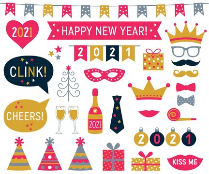New Year 2021 vector photo booth signs set