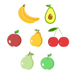 Set of colorful fruit icons ,banana, avokado , apple, pear, 
cherry, orange. Fruits Vector 