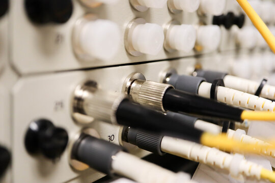 FC fiber cross connect patch panel with fiber optic close up view