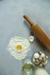 ingredients for homemade pasta. Food background: macaroni, spagetti, egg, flour