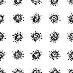 Seamless pattern of coronavirus microbes. Coronavirus 2019-nCoV. Doodle simple line elements from a medical concept. Editable vector stroke microbe. Virus, bacteria. Hand drawn illustration.