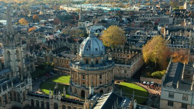 Oxford, United Kingdom. October 2019. Aerial view of the College Library. Remarkable architecture of University campuses - view from above. High quality 4k footage