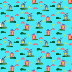 Seamless watercolor pattern with cute houses and trees.