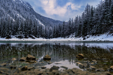 Green lake Gruner see cloudy winter day. Famous tourist destination in Styria region, Austria