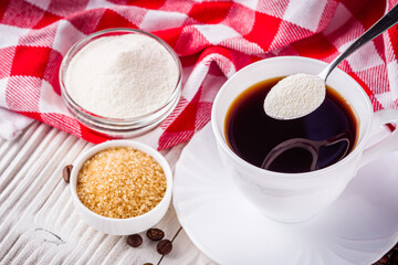 cup of fragrant fresh coffee on a white wooden rustic background